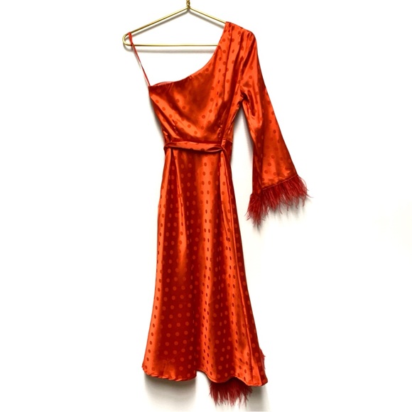 Vici Margaux Satin Feather Trim Midi Dress XS One Shoulder Holiday Christmas Red - Picture 11 of 16